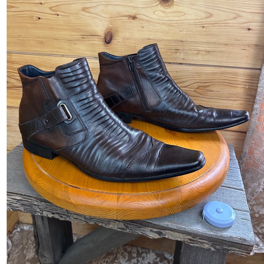 Aldo Mens Brown Leather Pleated Ankle Boots Buckle Side Zip Sz 44 11 US Vintage